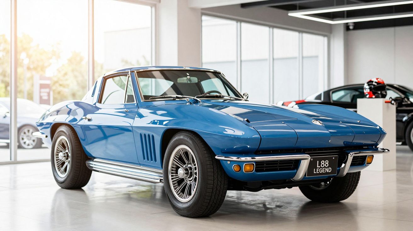 Blue classic sports car displayed in a showroom with large windows.