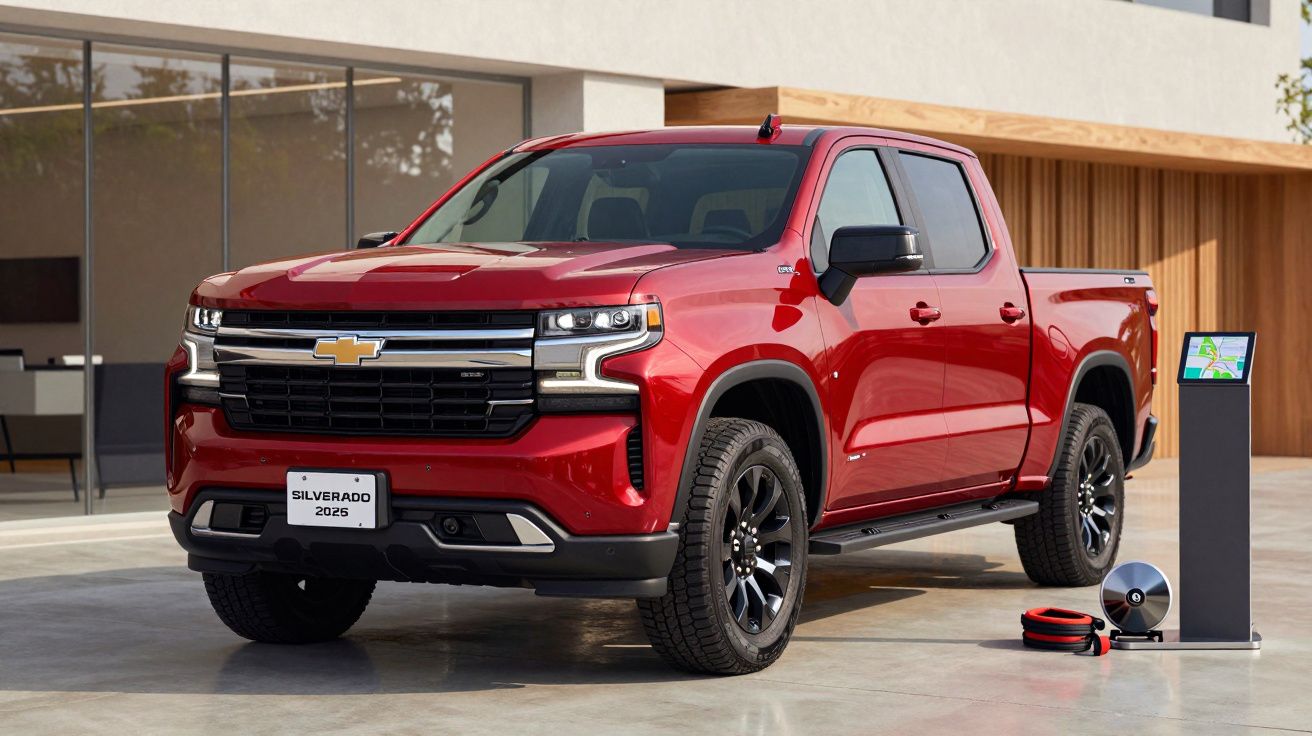 Red Chevrolet Silverado 2024 parked in front of a modern building with a charging station nearby.