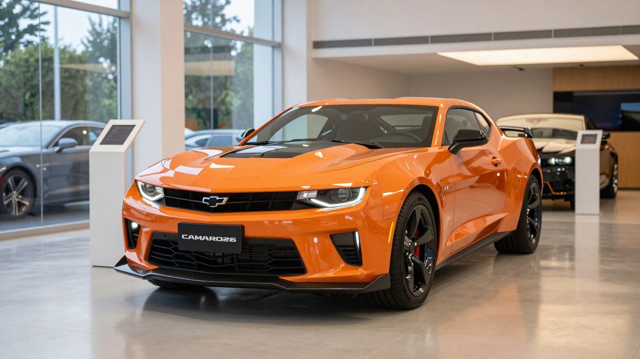 Orange sports car displayed in a modern showroom with large windows and polished floors.