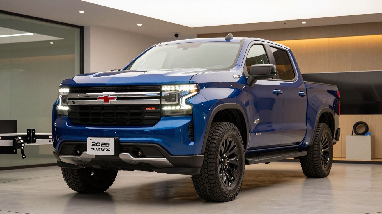 Blue 2024 Silverado pickup truck displayed indoors with modern design and black wheels.