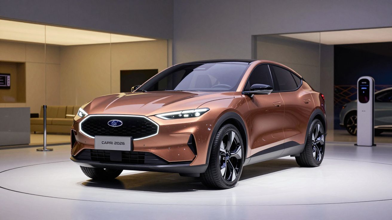 Copper-colored Ford SUV in showroom, labeled "CAPRI 2026," with sleek design and futuristic elements.