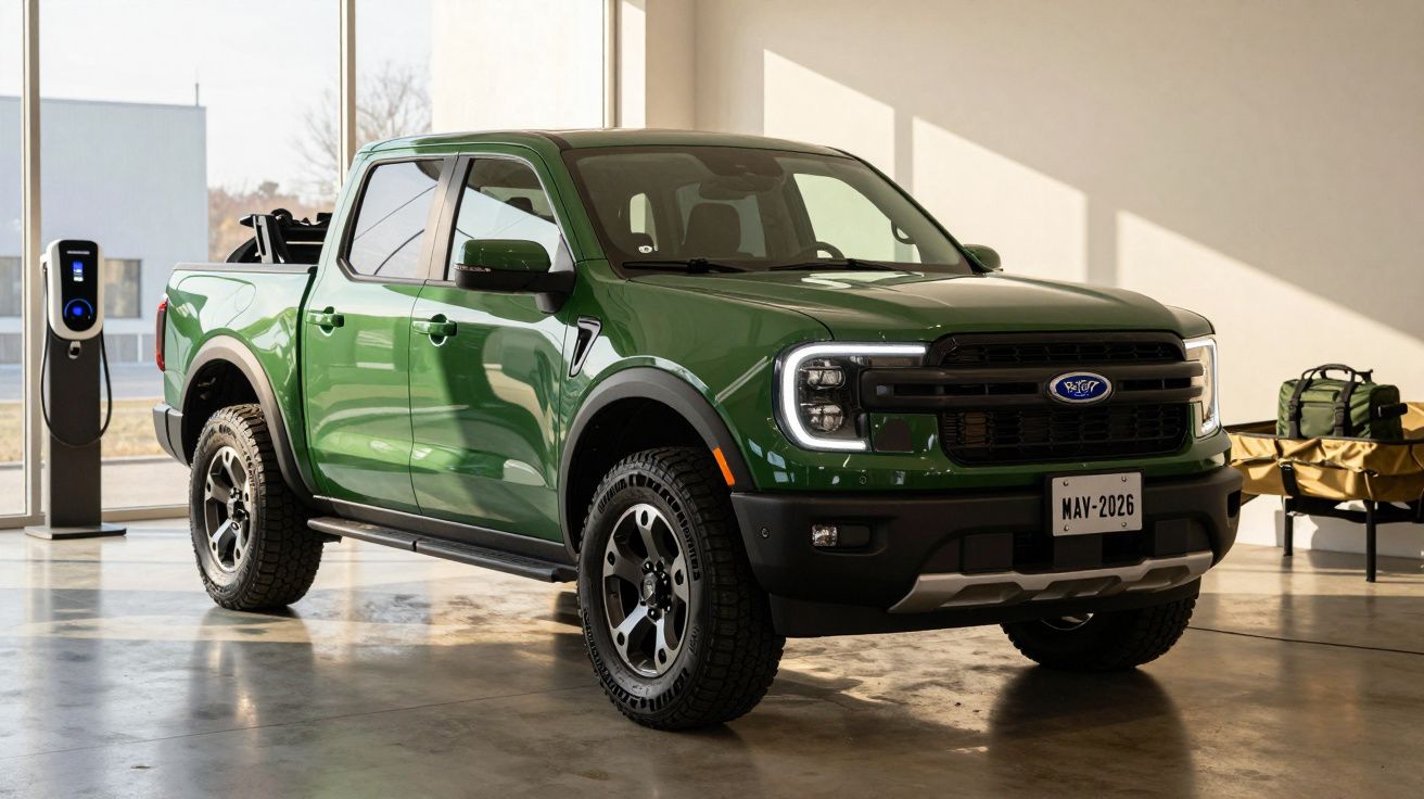 Green Ford Maverick truck parked indoors with sunlight streaming in, charging station nearby.