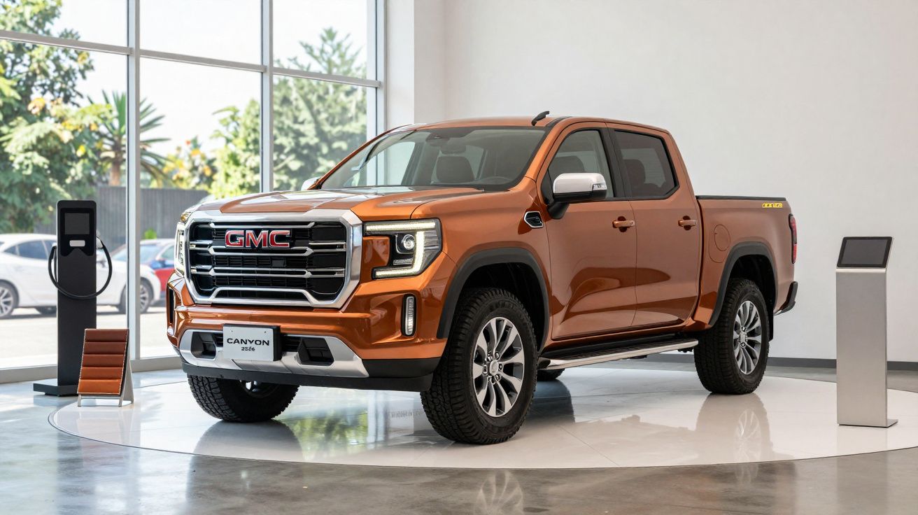 Orange GMC Canyon pickup truck displayed indoors with large windows.