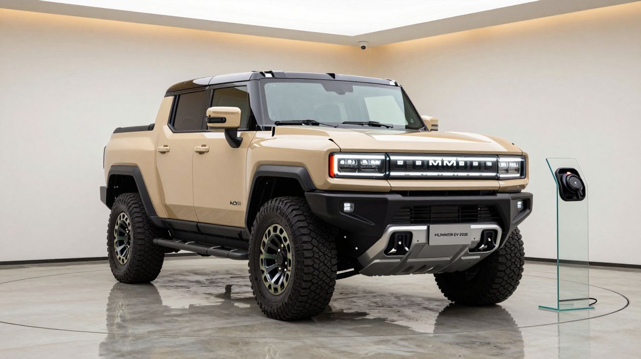 Beige electric pickup truck displayed in a showroom with a glass stand nearby.
