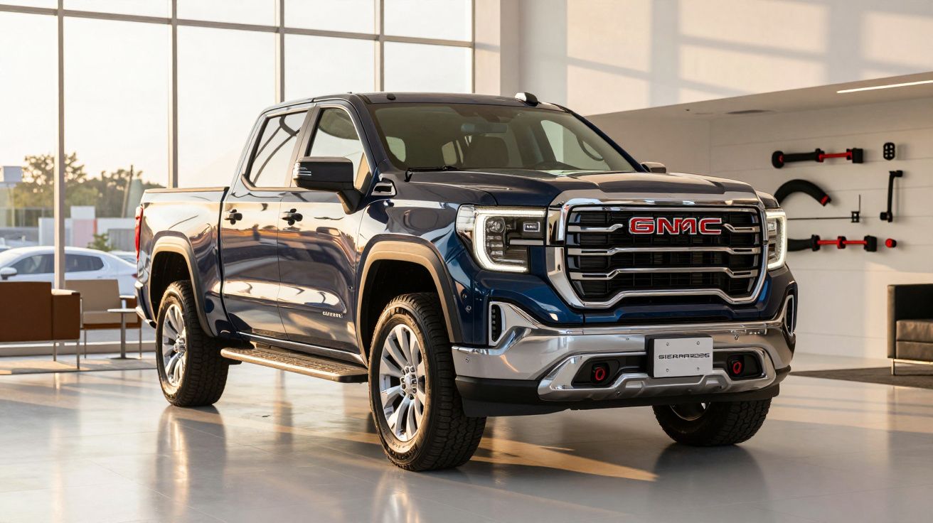 Blue GMC pickup truck parked in a modern showroom with large windows and automotive decor.