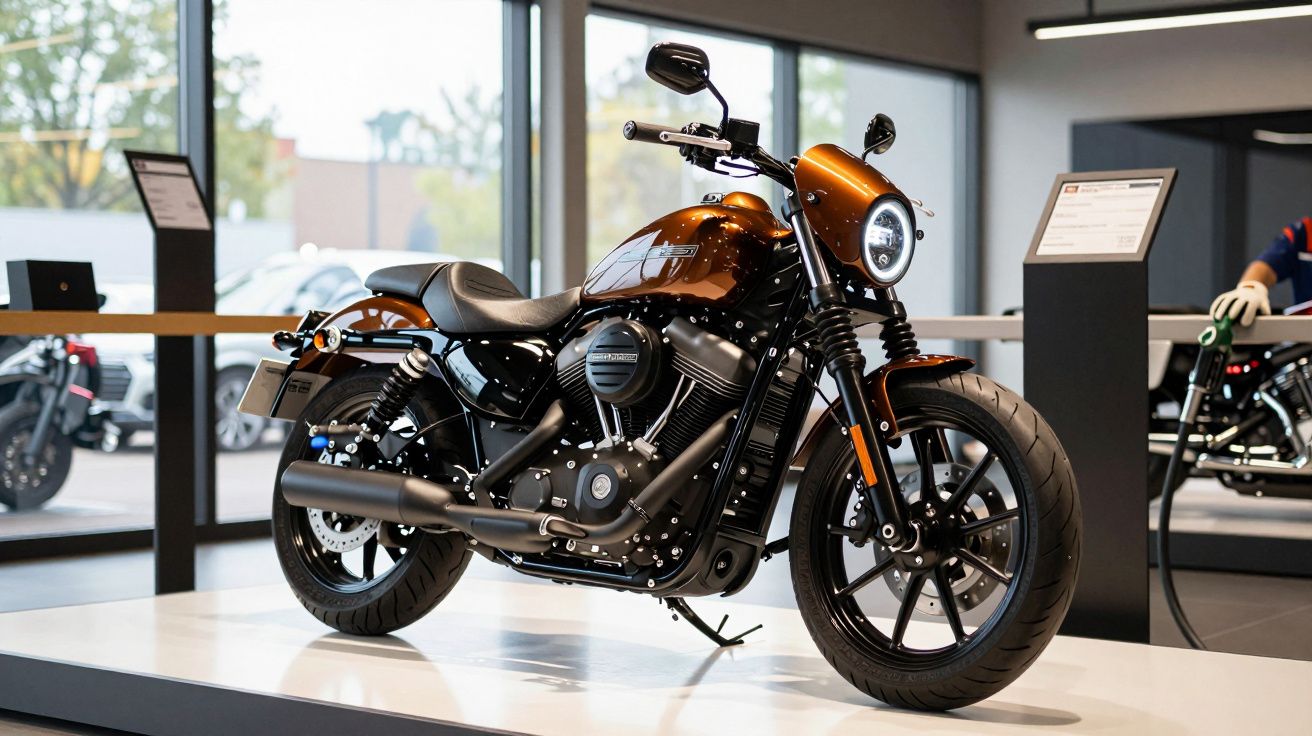 Orange and black motorcycle displayed in a modern showroom with large windows and other bikes in the background.