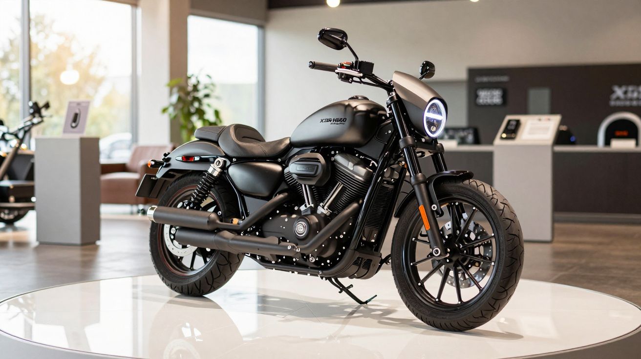 Sleek black motorcycle displayed on a circular platform in a modern showroom with large windows and ambient lighting.