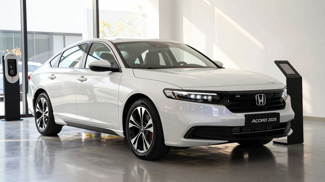 White 2026 Honda Accord sedan displayed in a showroom with large windows and charging station.