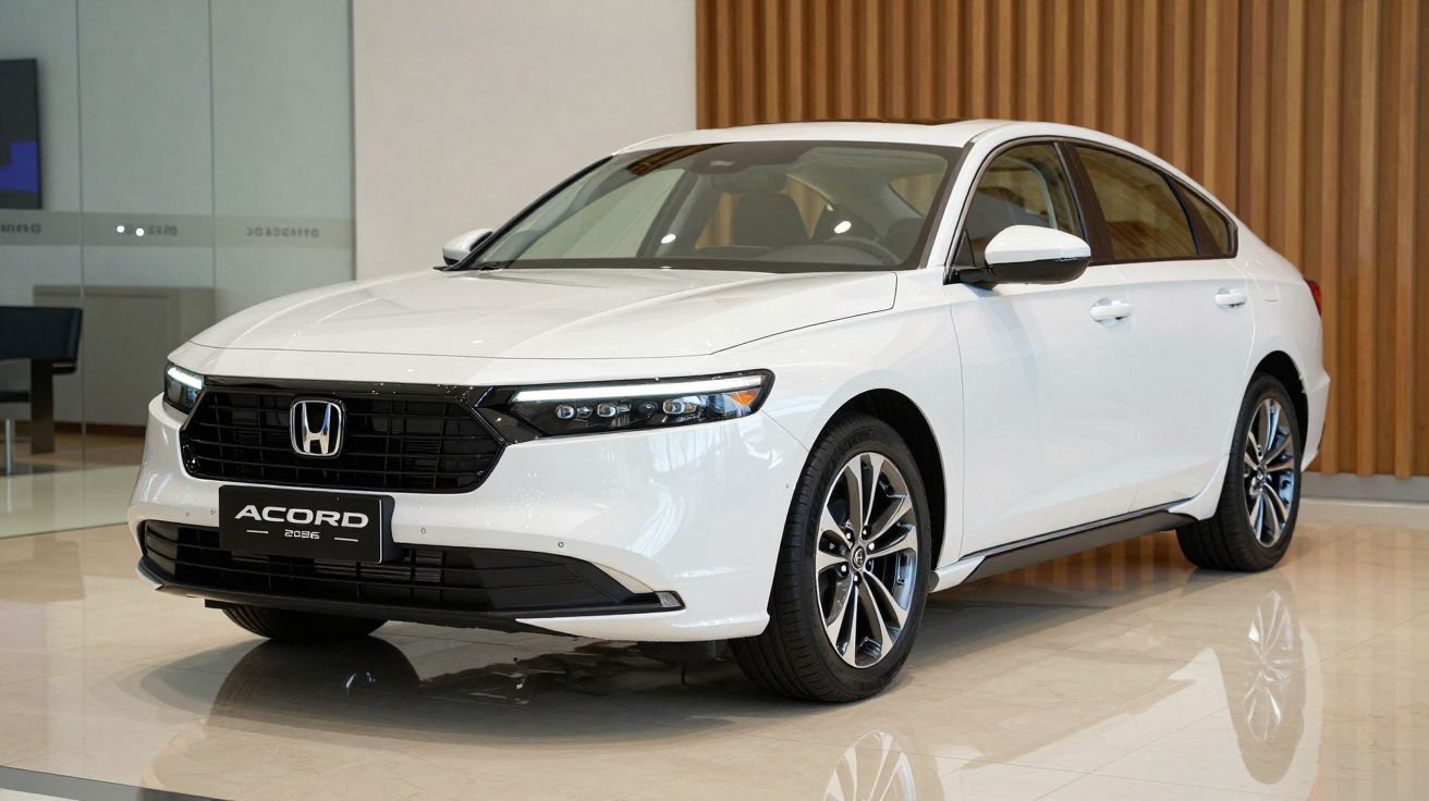 White Honda Accord sedan displayed in a showroom with wooden and glass wall background.