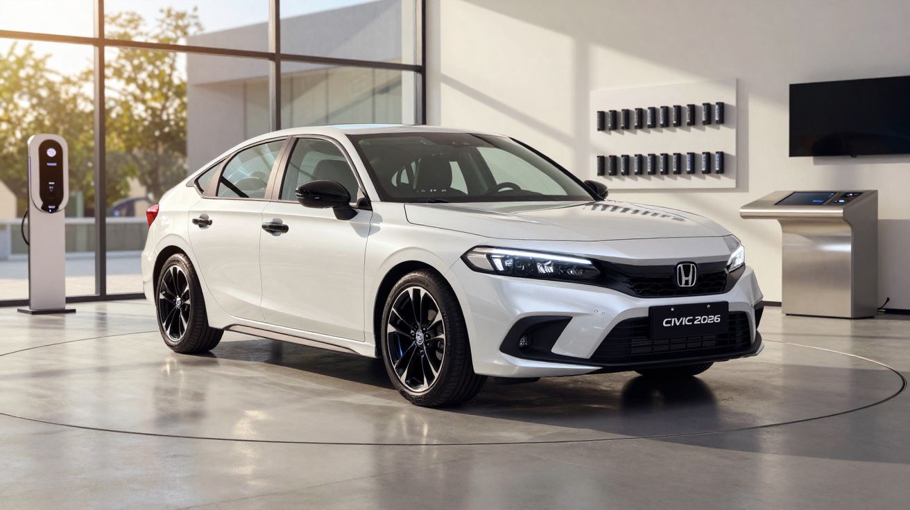 White Honda Civic 2026 in a modern showroom with large windows and a charging station in the background.