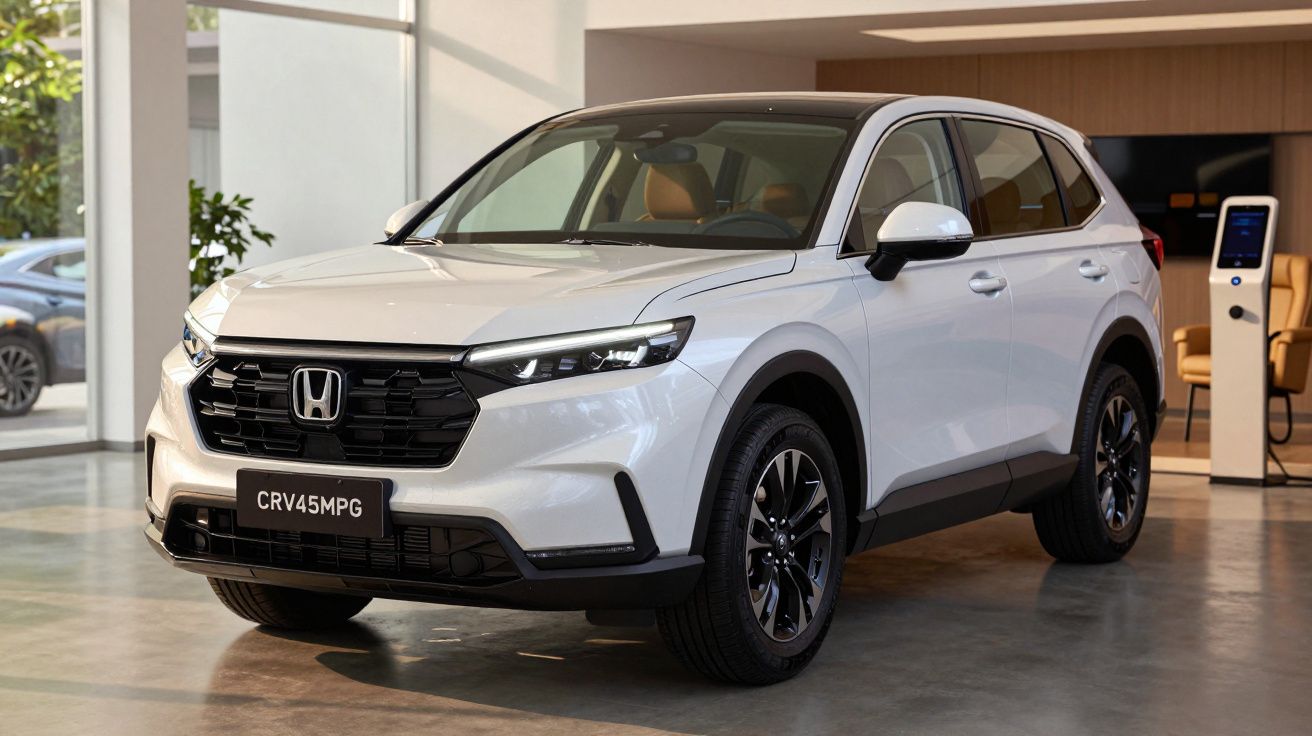 White Honda CR-V displayed in a modern showroom with large windows and polished floors.
