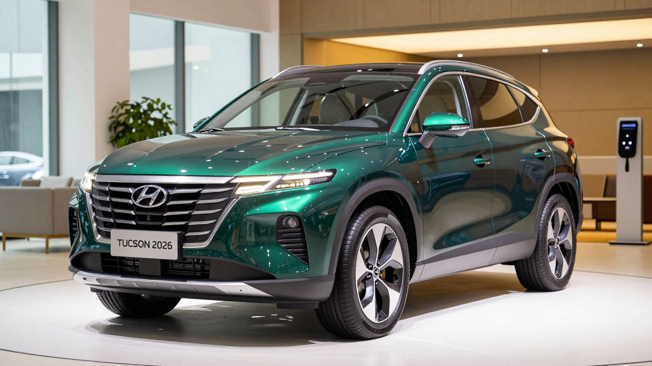 Green Hyundai Tucson 2026 SUV displayed in a modern showroom, featuring sleek design and stylish headlights.