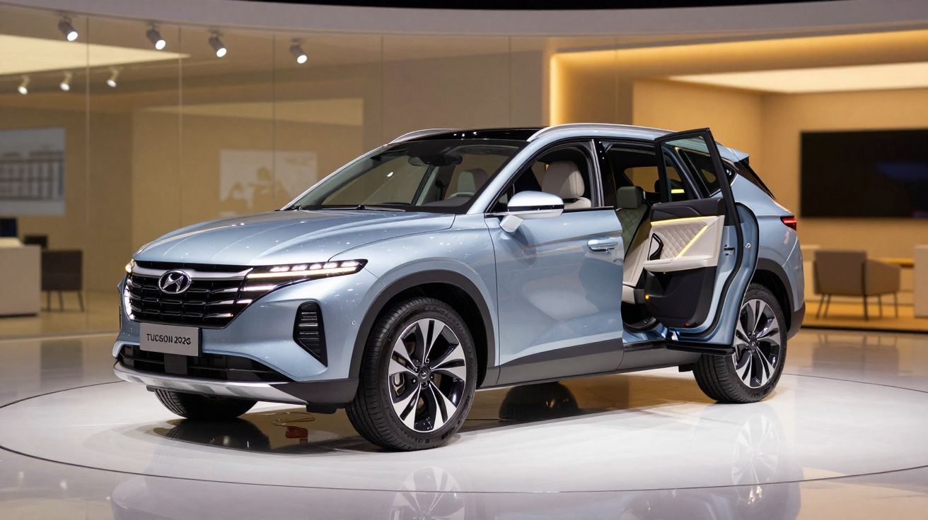 Blue 2025 Hyundai Tucson showcased on a platform with open rear door in a modern showroom.