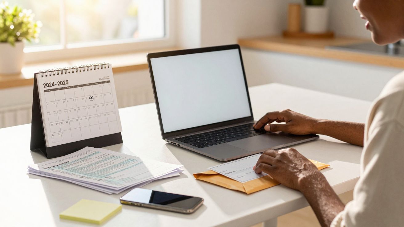 Person working with a laptop and documents at a home office desk, calendar and smartphone nearby.