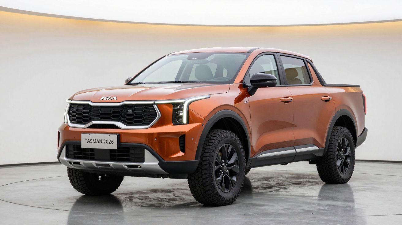 Orange Kia pickup truck in a showroom, featuring modern design and black wheels.