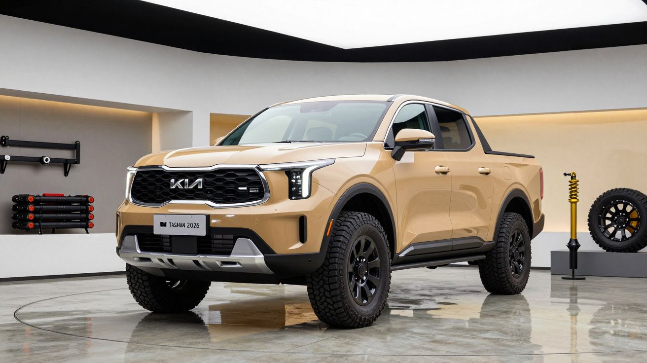 Tan Kia pickup truck showcased in a modern showroom setting.