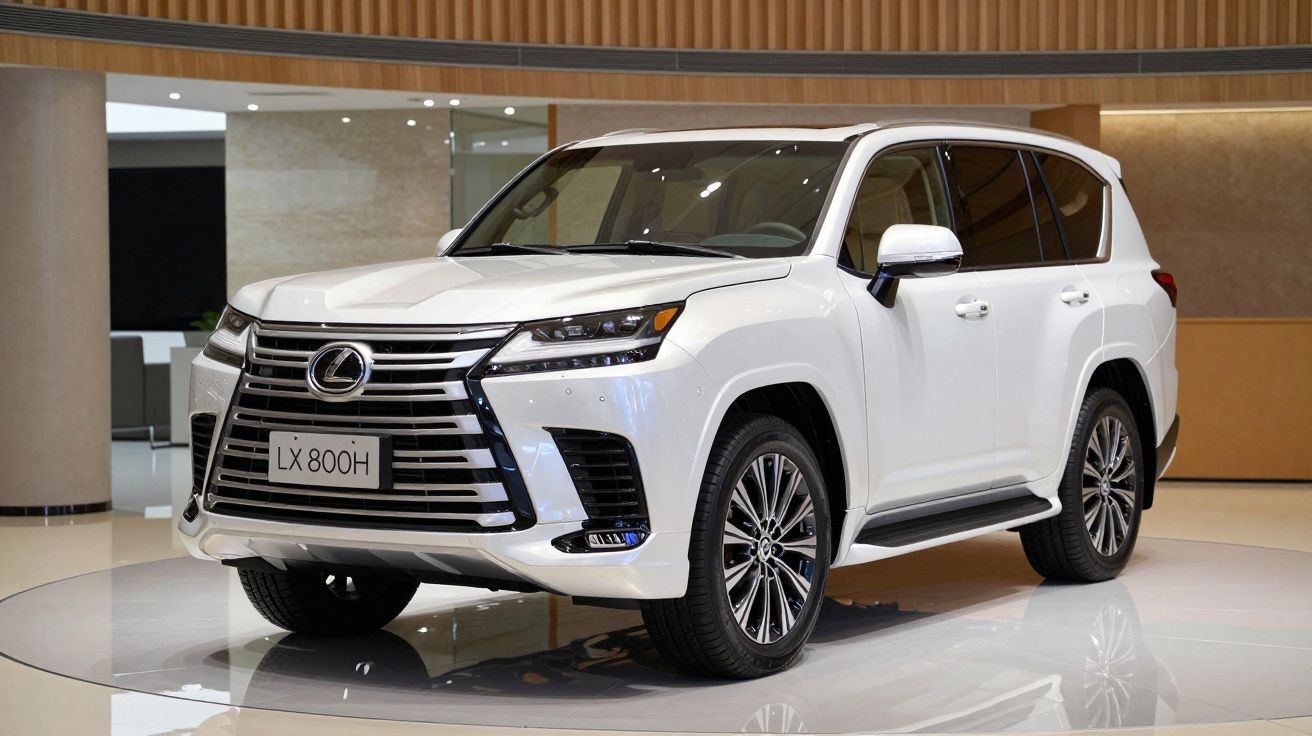 White Lexus LX 600 SUV displayed in a showroom with a modern interior background.
