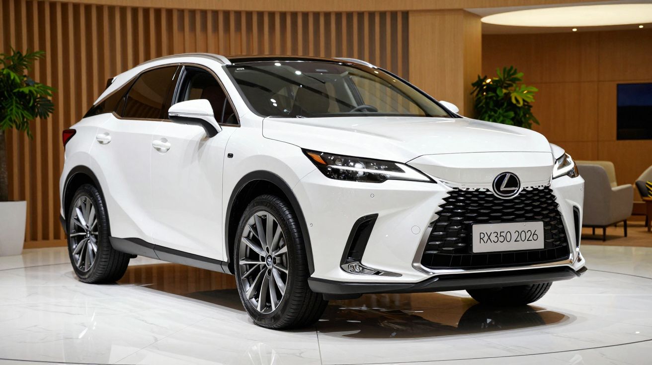 White Lexus RX350 2026 parked inside a modern showroom with plants and lounge chairs in the background.