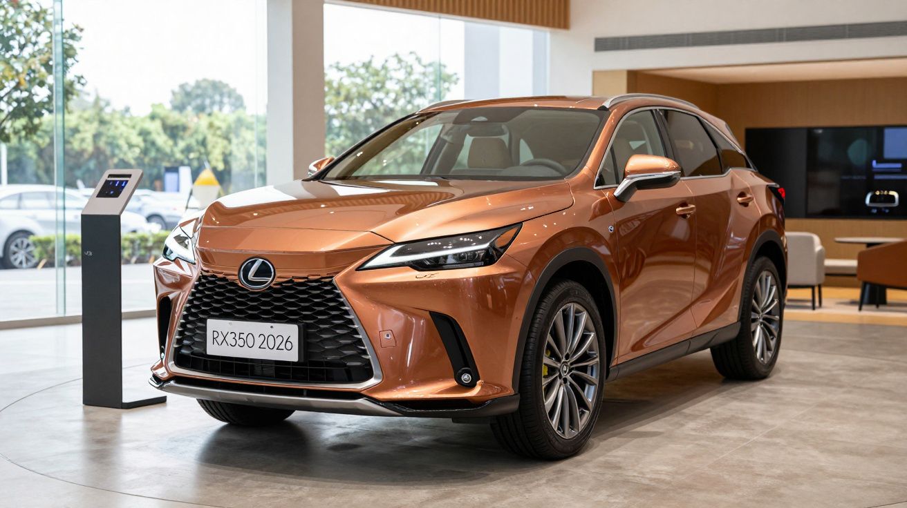 Bronze 2026 Lexus RX350 displayed in a modern showroom, viewed from the front and side.