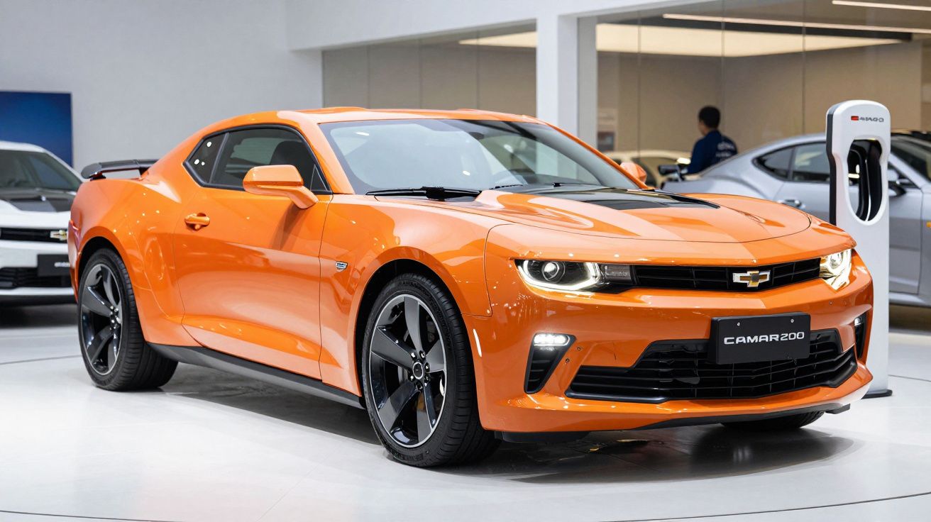 Orange sports car displayed in a showroom with sleek design and black wheels.