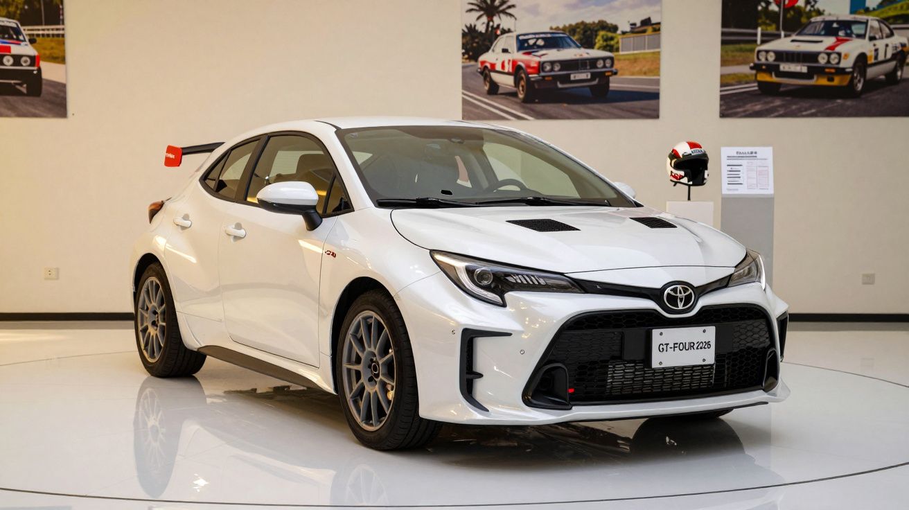 White sports car displayed indoors with racing memorabilia in the background.
