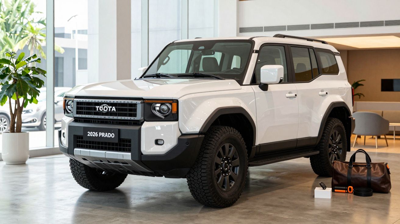 White 2026 Toyota Prado SUV showcased in a modern showroom with glass walls and minimalistic decor.