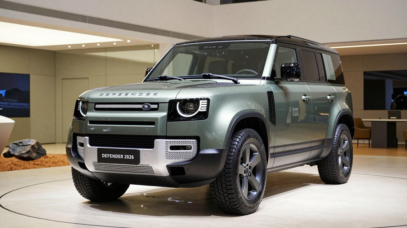 Green Land Rover Defender 2026 displayed in a modern showroom, featuring rugged design and large tires.