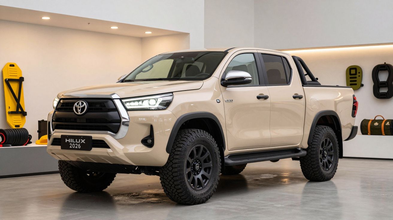 Beige Toyota Hilux pickup truck displayed in a modern showroom with off-road accessories on the walls.