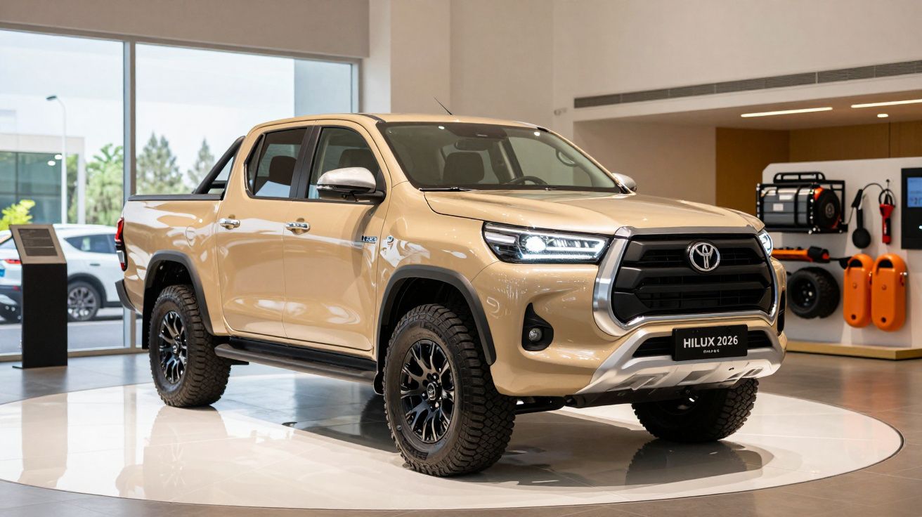 Beige Toyota Hilux pickup truck displayed indoors, front three-quarter view.