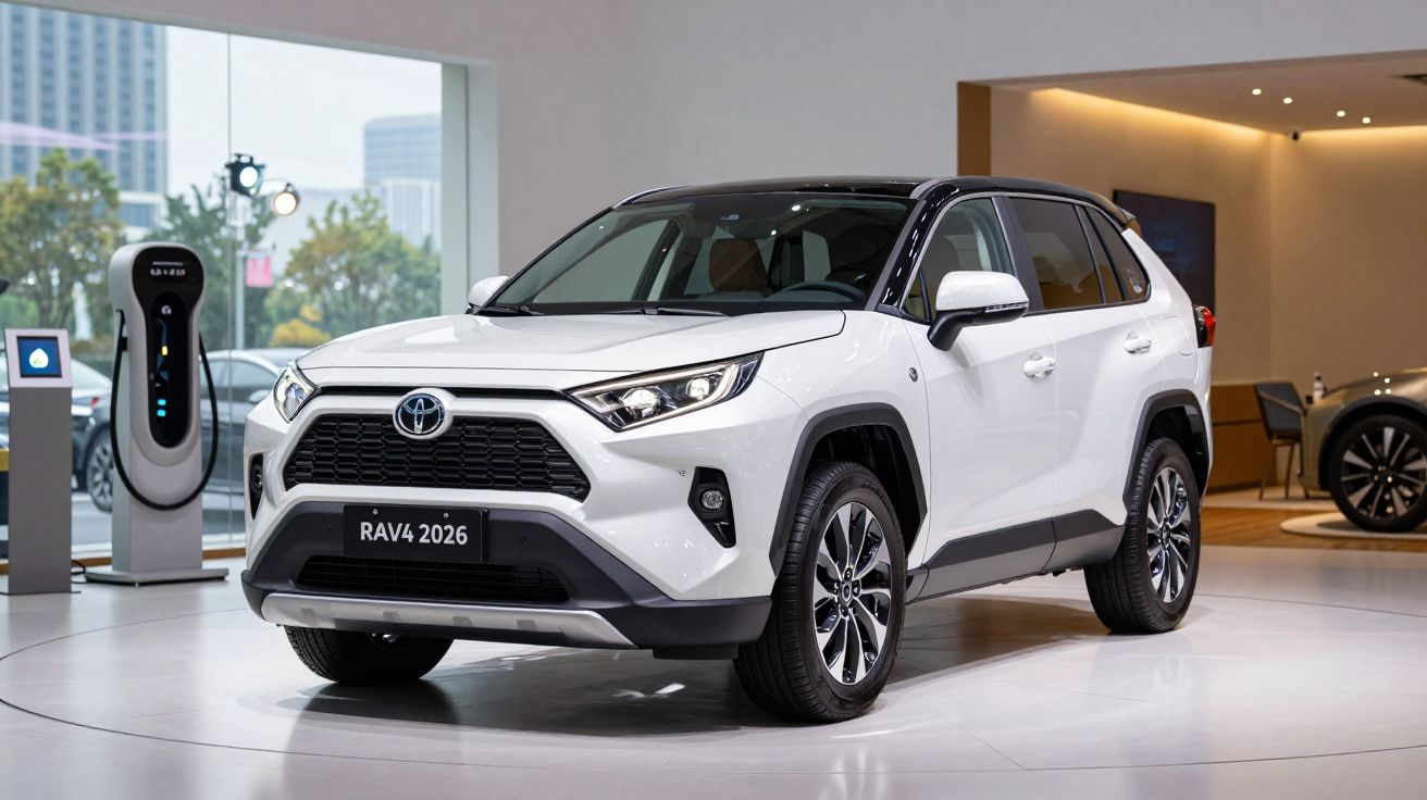 White 2026 Toyota RAV4 SUV displayed in a modern car showroom.