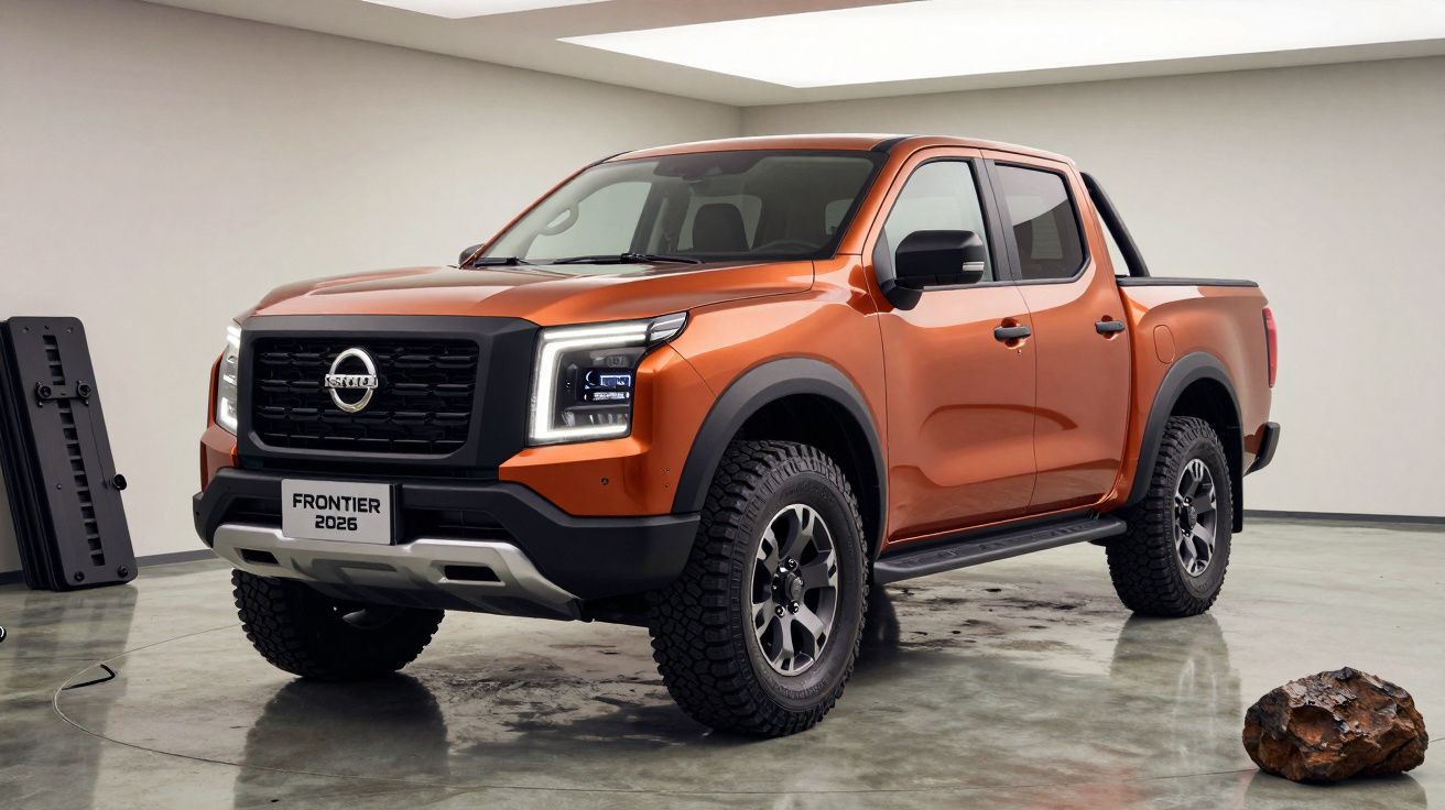 Orange 2026 Nissan Frontier pickup truck in a showroom with a rock on the floor.
