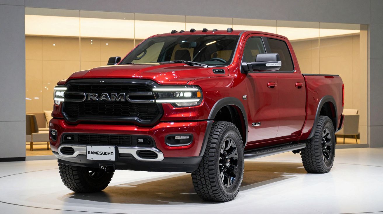 Red RAM 2500 HD pickup truck displayed in a showroom with bright lighting and a modern interior setting.