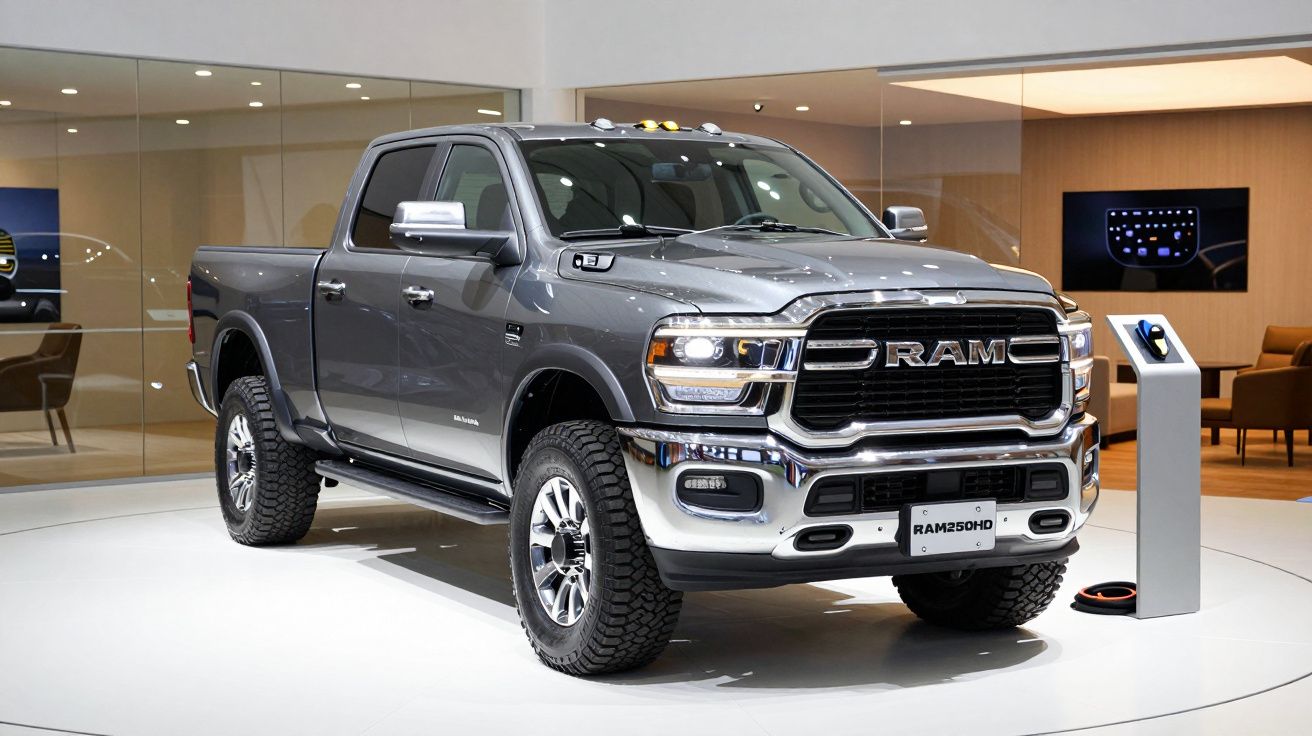 Gray RAM 2500 HD truck displayed in a showroom with modern interior and lighting.