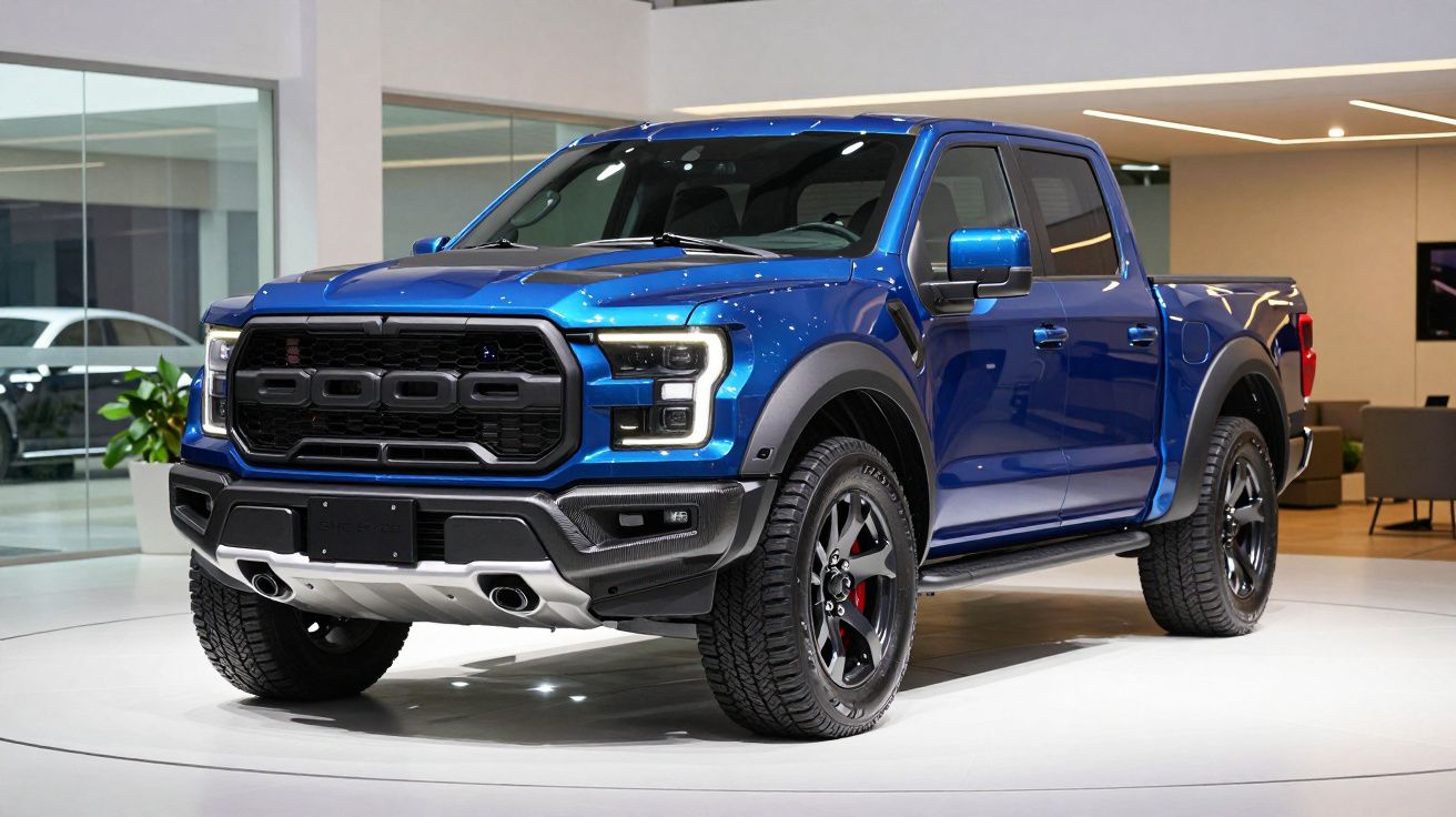 Blue pickup truck with aggressive design on display in a modern showroom.