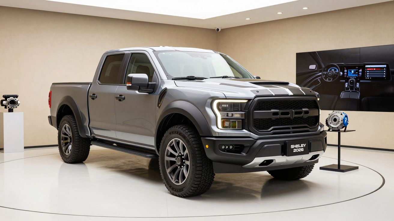 Gray pickup truck with a distinctive front grille is displayed in a showroom with automotive components and screens.