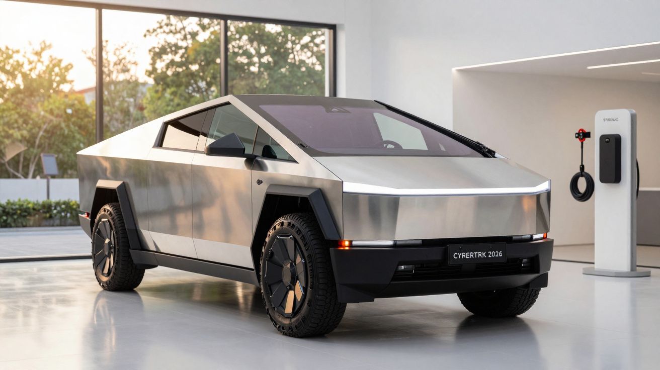 Futuristic silver electric truck parked indoors with large windows and a charging station nearby.