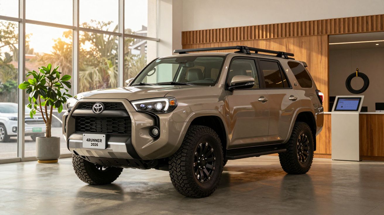 2023 Toyota 4Runner parked indoors, front view with a modern office backdrop and potted plant nearby.
