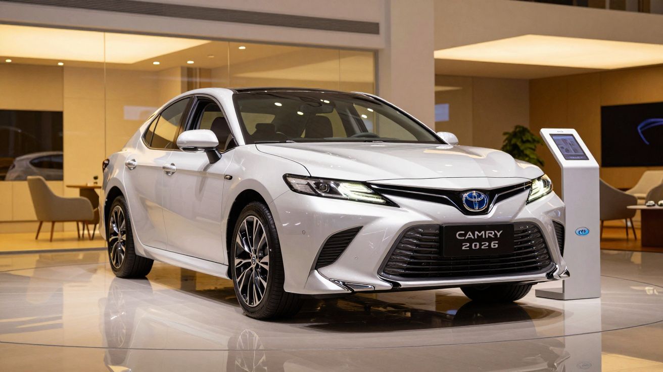 White Toyota Camry 2026 displayed in a modern showroom with seating area and informational kiosk nearby.