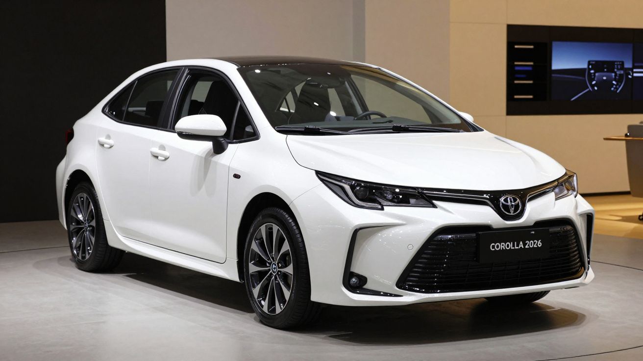 2026 white Toyota Corolla displayed in a showroom with sleek design and modern features.