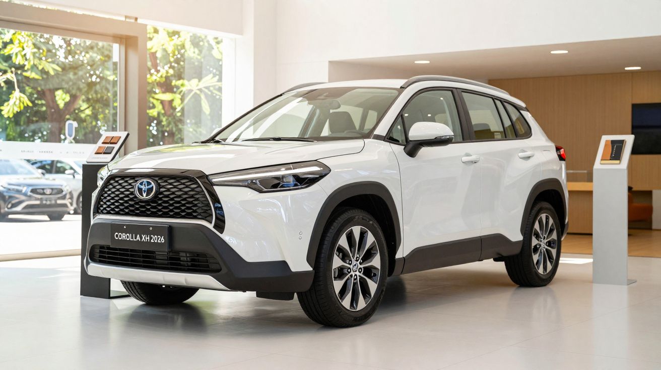 White Toyota Corolla crossover displayed in a showroom.