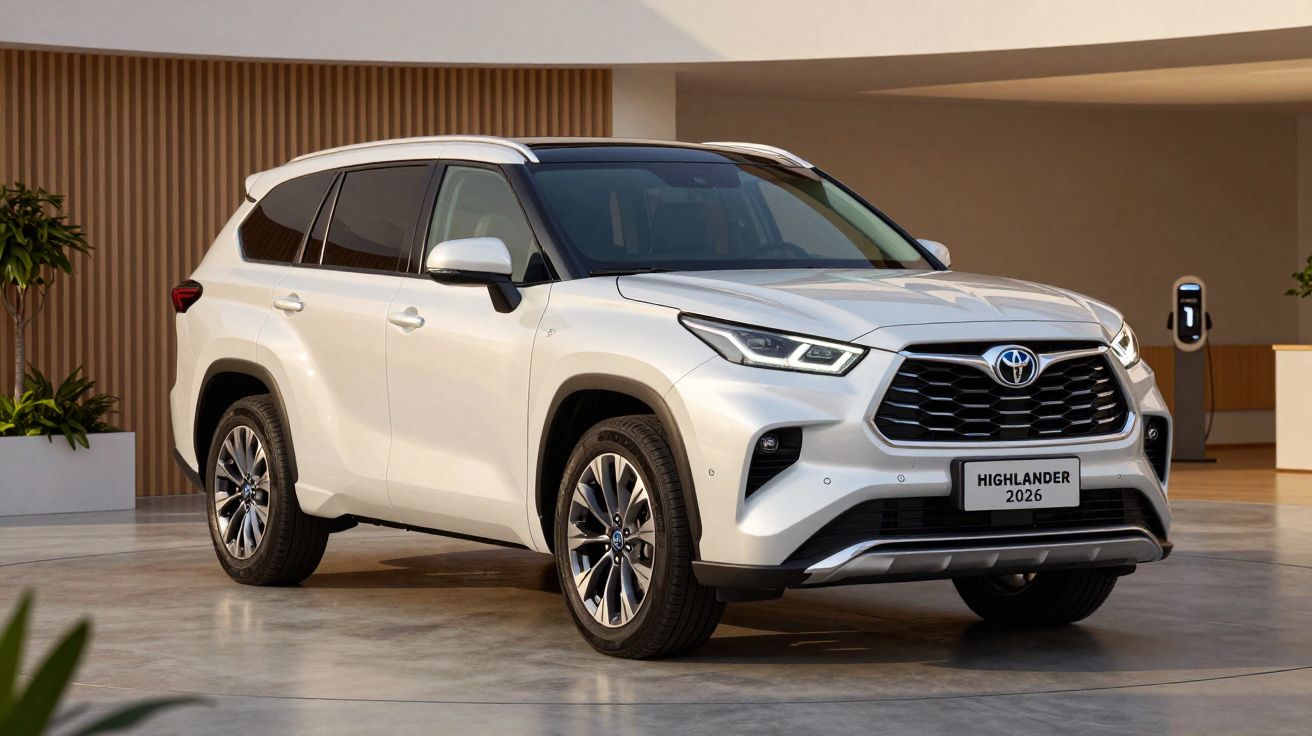 White 2026 Toyota Highlander SUV parked in a modern showroom with plants in the background.