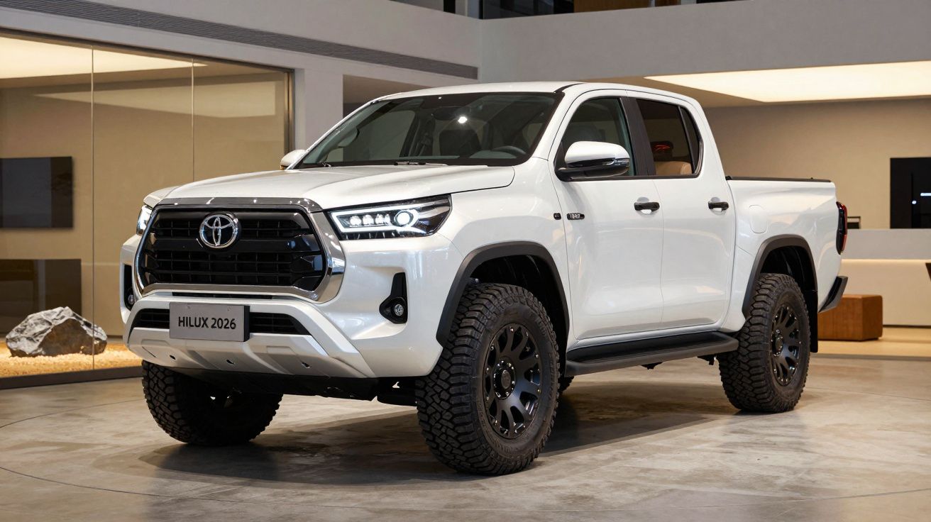 White 2026 Toyota Hilux pickup truck displayed in a showroom.
