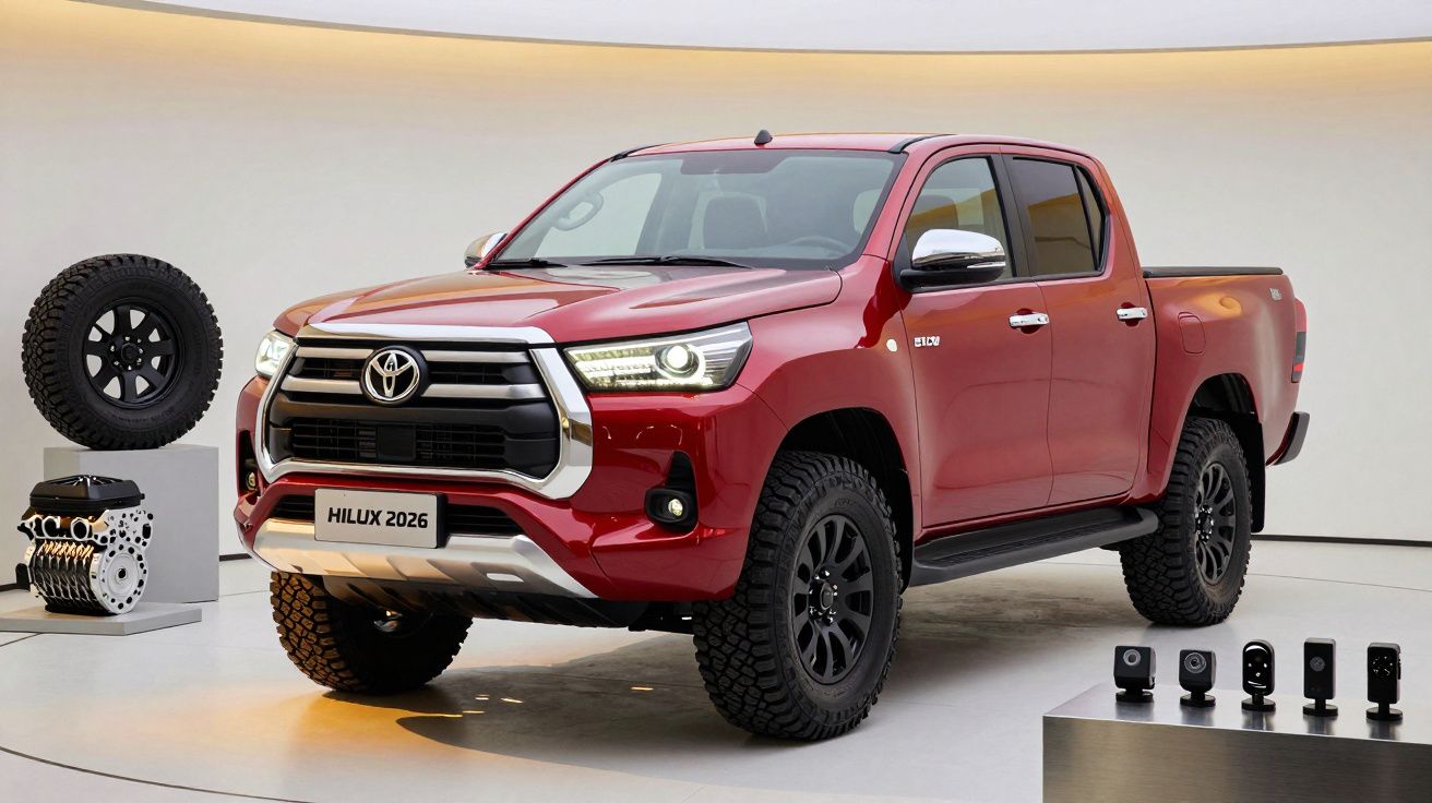 Red Toyota Hilux 2026 pickup truck with off-road tires in a showroom, displayed with engine and tire components.