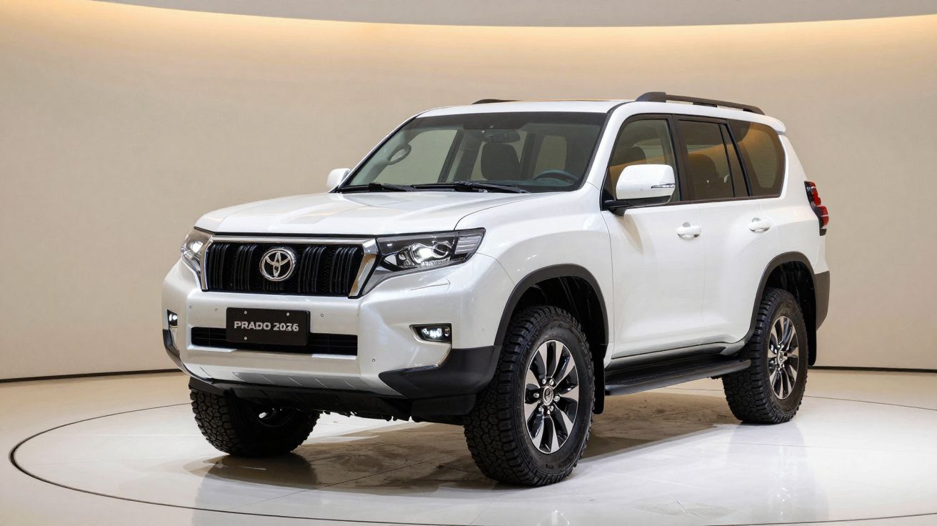 White Toyota Prado 2026 SUV on display in a showroom with a circular platform.