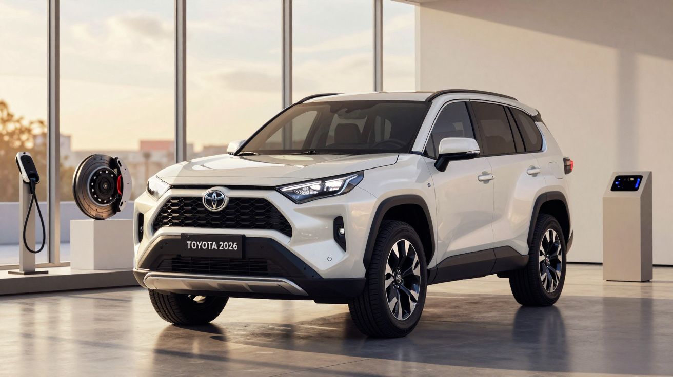 White 2026 Toyota SUV displayed indoors with charging station and wheel in the background.