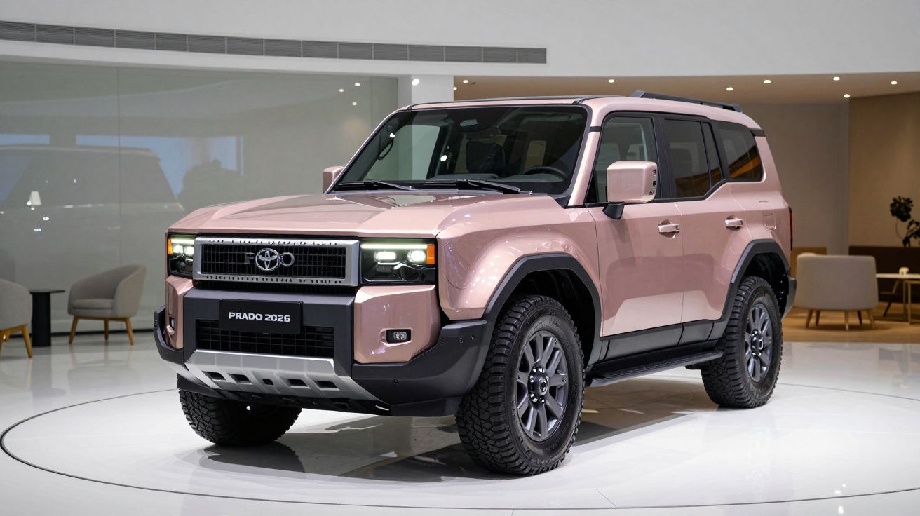 Pink SUV with a modern design on display in a showroom with stylish furniture in the background.