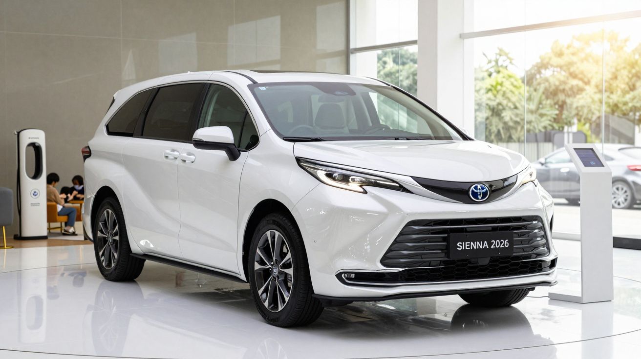 White 2026 Toyota Sienna minivan on display in a modern showroom with large windows and sleek design.