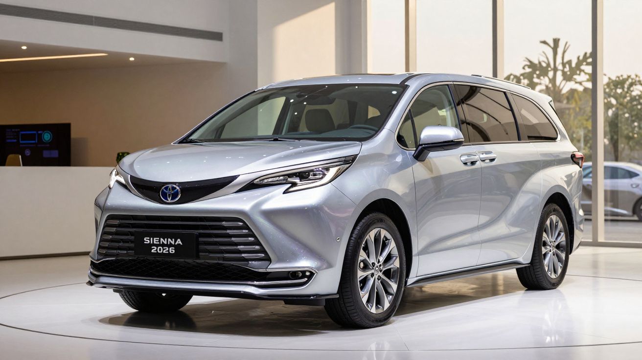 Silver 2026 Toyota Sienna minivan showcased in a modern showroom with large windows.