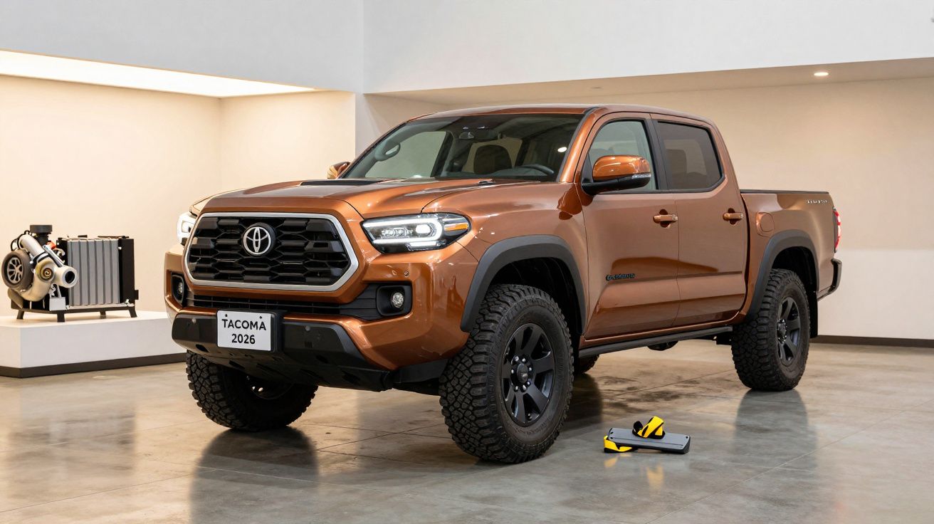 Brown Toyota Tacoma 2026 model on display in a showroom with various components in the background.