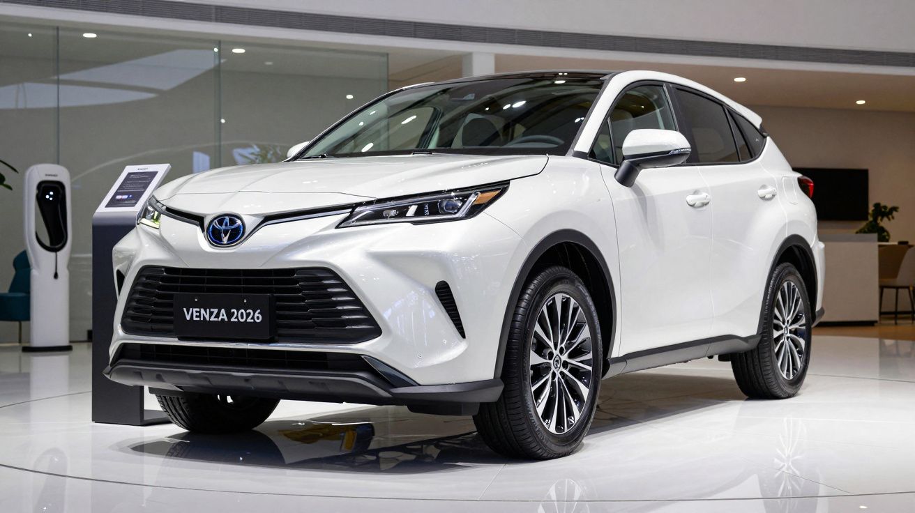 White Toyota Venza 2026 SUV displayed indoors, modern showroom setting.